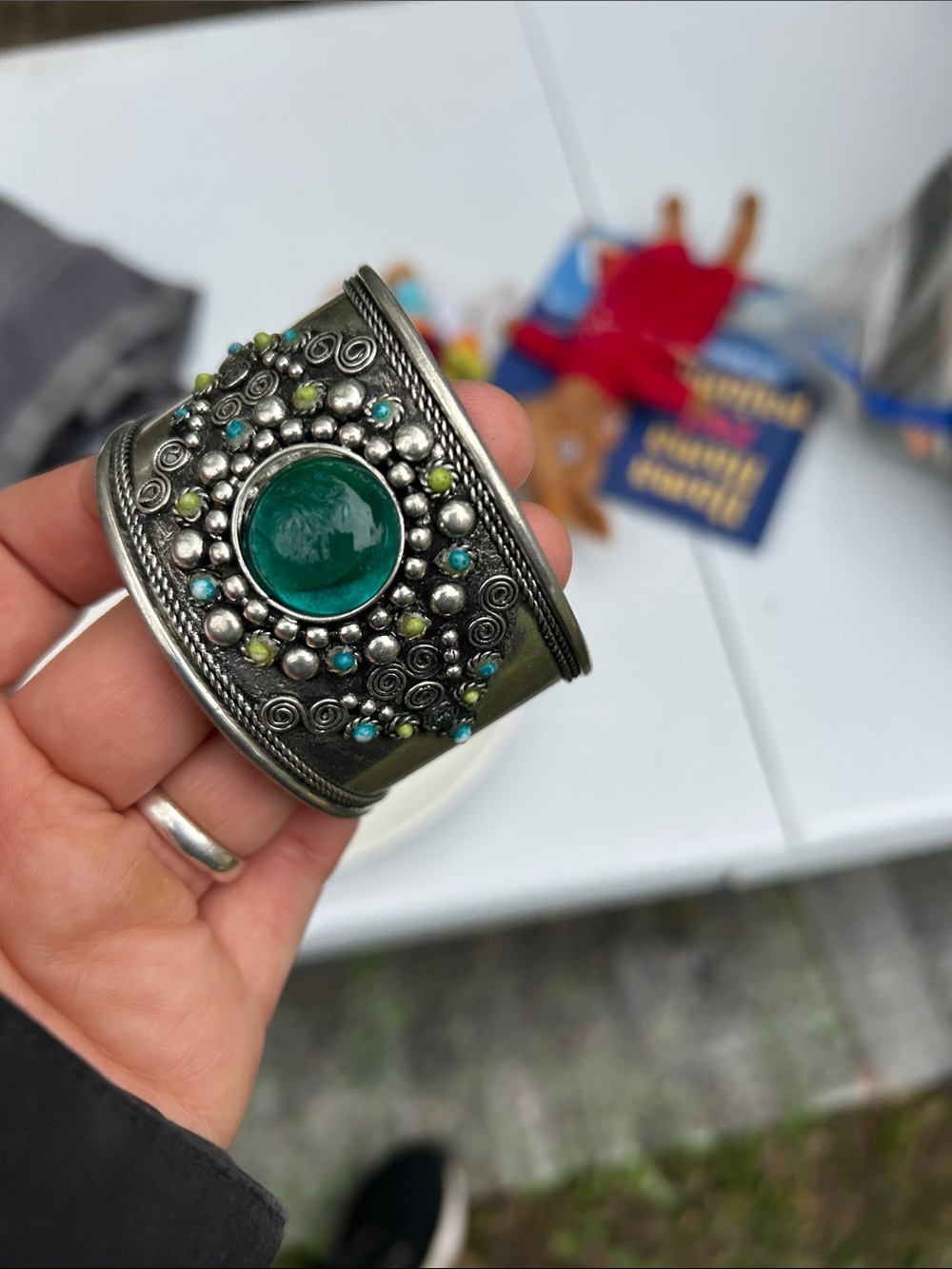 Silver-Tone Cuff Bracelet with Green Cabochon and Turquoise Accents